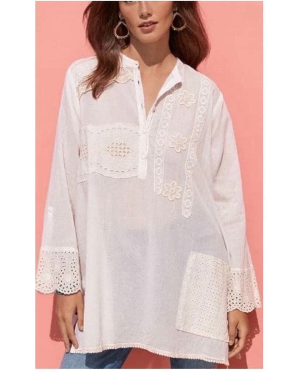 Johnny Was White Kit Eyelet Patchwork Tunic cotton A-line size Small
